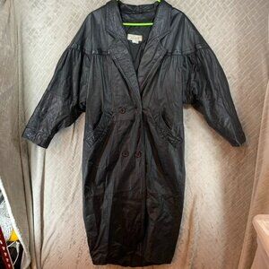 Ricardo Mens Large Leather Trench Coat Black Long Ruched Shoulders Lined